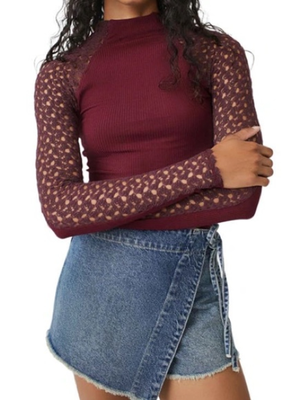 Free People clemente mixed media stretch cotton top purple/raisin